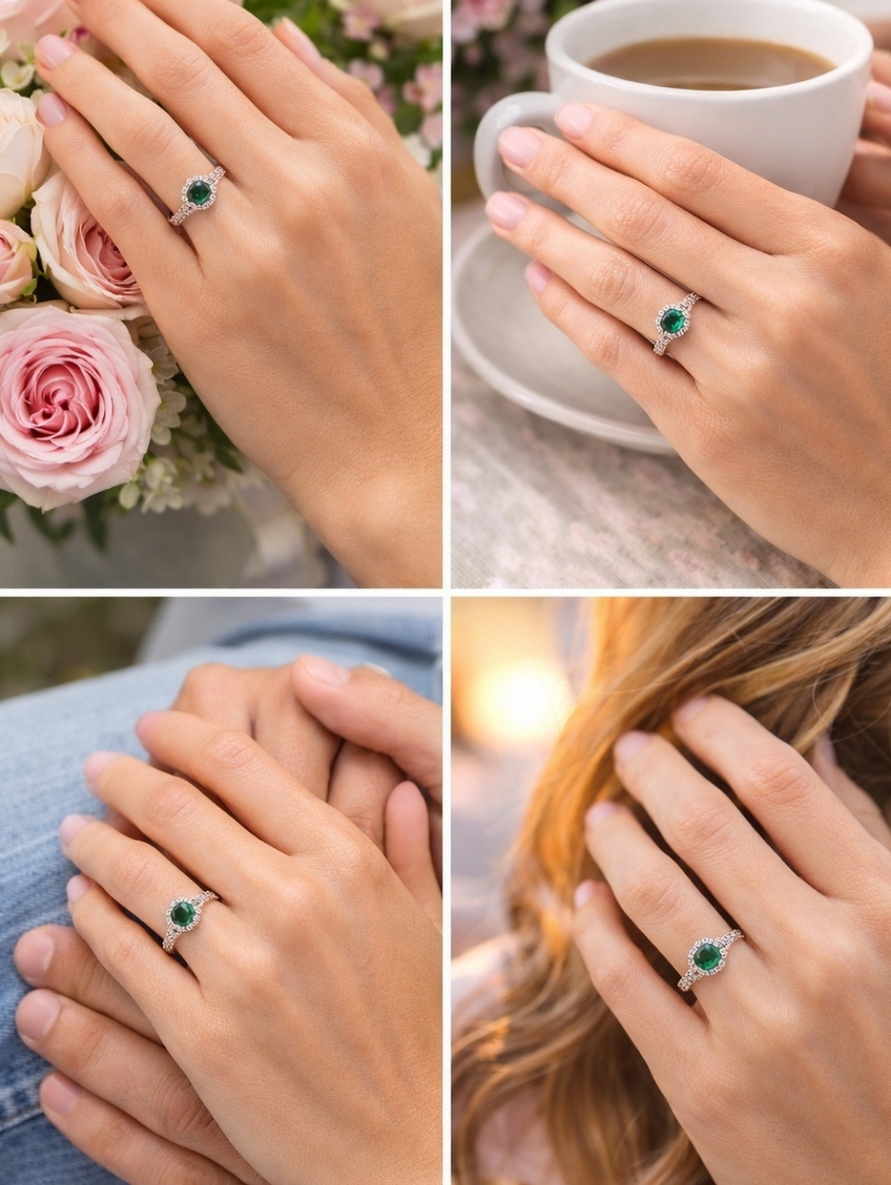 Rose Gold Women’s Ring with Emerald Green Center and Pavé Halo